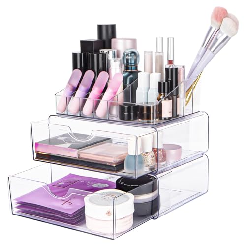 Creahaus Makeup Organiser Storage Drawers，Acrylic Skincare Organiser Transparent with Non-slip Matfor Lipsticks Jewelry Nail Care Cosmetic Organiser for Desk Organizer for Dresser Bedroom Bathroom