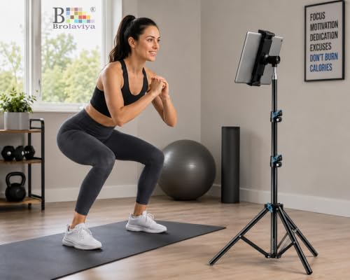 Image of BROLAVIYA Tablet Tripod Floor Stand, Adjustable up to 75 inch, Fits 4.7 inch-12.9 inch Phones & Tablets, Compatible with iPad Pro /Air /Mini, Galaxy Tab, for Live Streaming, Office, Cooking & Fitness