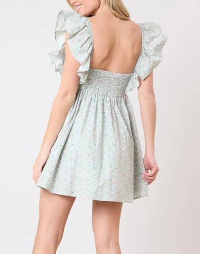 Image of NUFIWI Y2K Ruffle Hem Babydoll Mini Dresses Square Neck Spaghetti Strap Short Dresses Boho Flowy Patchwork Sundress Vocation