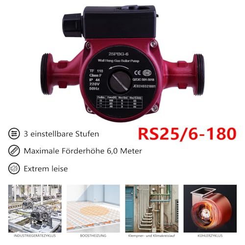 Umwälzpumpe Heizung 220V, RS25-6/180, Heizungspumpe mit 3 Leistungsstufen (46/85/100w), Zirkulationspumpe...