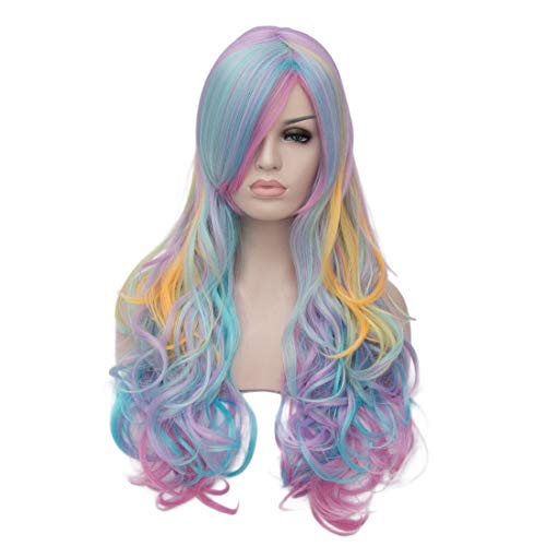 OYIXU 70cm 27.5" Multicolor Rainbow Highlights Women Lolita Halloween Cosplay Wavy Curly Long Hair Wig