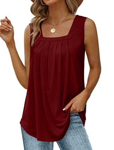 Image of Saloogoe Summer Tank Tops for Women Loose Fit Pleated Square Neck Sleeveless Tops Curved Hem Flowy