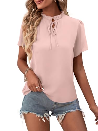Image of LYANER Women's Elegant Frill Mock Neck Ruffle Short Sleeve Blouse Work Shirt Top