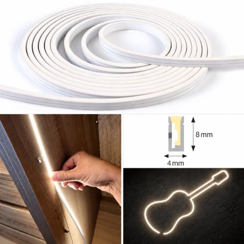 LED Şerit, İnce Neon 5 Metre, 4 × 8 mm, 4000K Natural, DC 24V, IP67, Esnek Dekoratif Aydınlatma