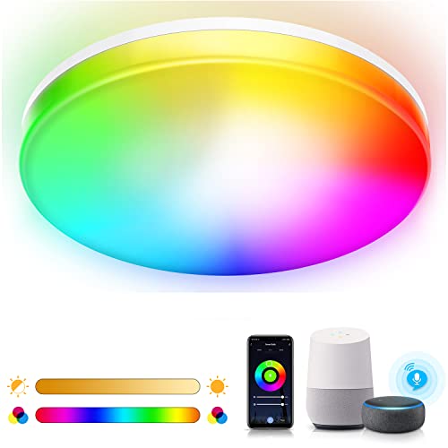 Kallrra 28W Plafonnier Led avec Haut-parleur Wifi, RGB Eclairage de Plafond, Plafonnier LED Rond et Contrôle APP, Compatible avec Alexa Google Home, Ø28CM Cover