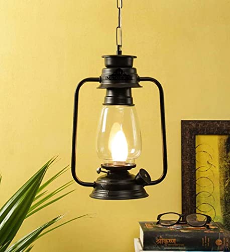 Image of Indoor /Outdoor Pendant Metal Hanging Lantern, 1-Light Exterior Hanging Lantern for Porch Entrance, Black Finish with Clear Glass (Black+Bulb)