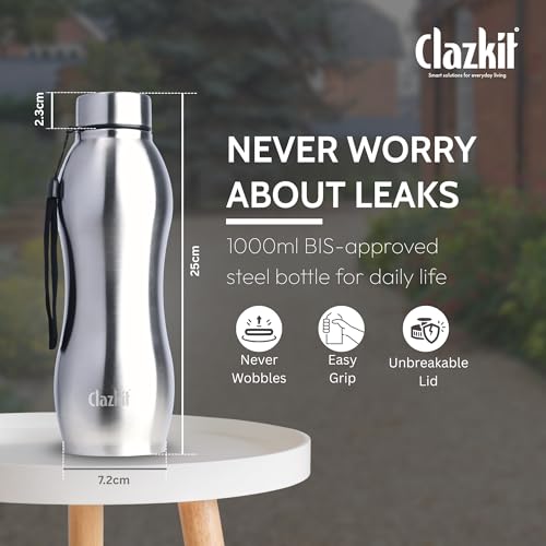 Image of Clazkit Platina Pro Classic Stainless Steel Water Bottle 1000ml |ISI Certified|Leakproof, Rust-Free, BPA-Free, Durable for College, Fridge, Sports, Gym, Yoga & Office - Easy to Clean & Reusable