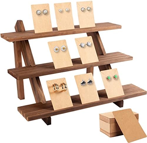 51pcs 3-Tier Wood Earring Display Stand, Retail Jewelry Card Display Stand with Groove + 50 Earring Cards Portable Earring Ring Organizer Holder Jewelry Showcase Racks for Jewelry Business Home Using