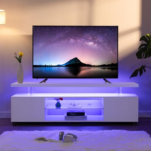 Image of Cubehom White TV Stand for 60 inch TV, LED Entertainment Center with Storage