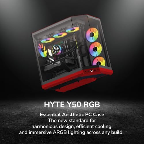 Image of HYTE Y50 RGB Essential Aesthetic Gaming PC Case - 4 aRGB Fans (1x 120mm + 1x 360mm Reverse) - Dual Chamber ATX Desktop Chassis - Rear Connect Motherboard Compatible - Black Cherry (Red)