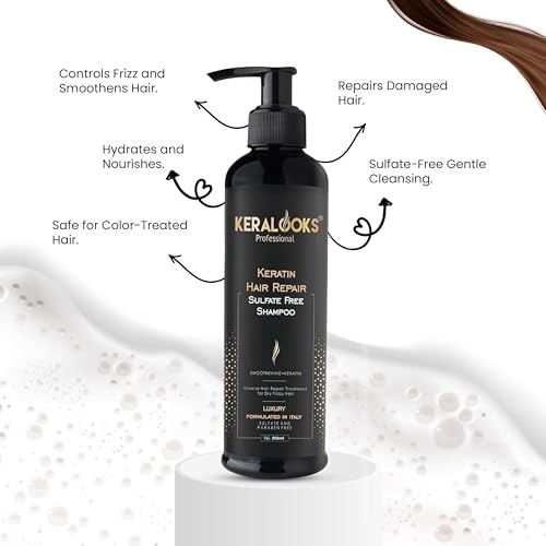 Image of Keratin Hair Repair Plus Smoothing Shampoo (250ml) for Damaged & Frizzy Hair | Nourishing & Hydrating Shampoo for Color Treated Hair with Smooth Finish | Paraben & Sulphate Free