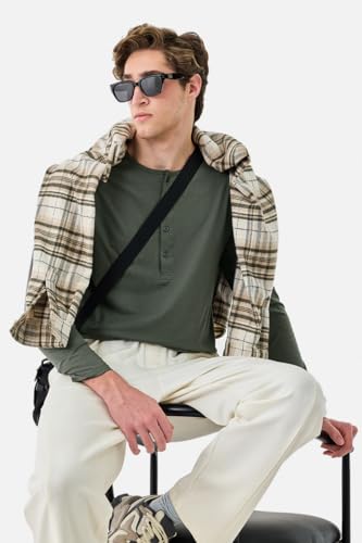 Image of SNITCH Men's T-Shirt | Regular Fit Henley Neck Full Sleeve Solid Pattern | Stretchable Rayon Cotton Spandex Blend Breathable Fabric for Casual & Everyday Wear