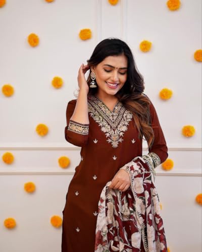 Image of Women Afghani Viscose Rayon Kurta Pant Dupatta Set with Embroidered Neck Work and Floral Print Organza Dupatta | Ethnic Straight Suit Set
