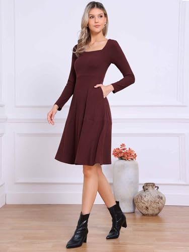 Allegra K Sweater Dress for Women Casual Square Neck Long Sleeve A Line Fall Dresses with Pockets4