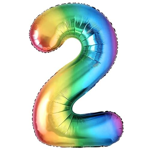 Ballon 2 Anniversaire Numero 2 Foil Multicolore, Ballon Metallique Multicolor XXL Geant 100cm Decoration Anniversaire. Air ou Helium