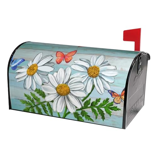 Image of Daisy Flowers Butterfly on Rustic Wooden Board Mailbox Covers Magnetic Standard Size, Spring Summer Floral Magnetic Mailbox Covers for Holiday Outside Yard Decor 18 inchx21 inch