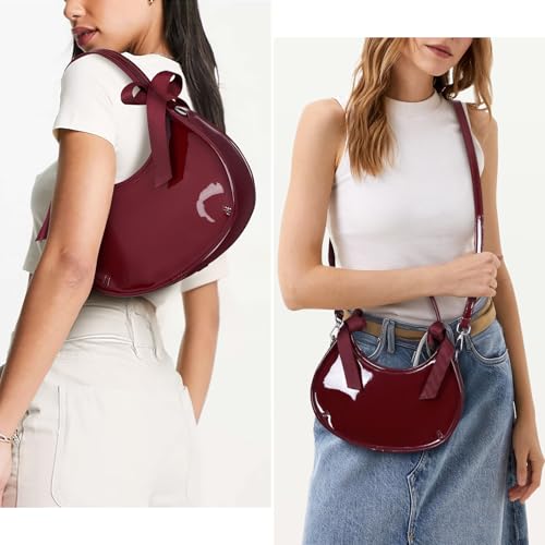 Image of Small Purse for Women Burgundy Clutch Purse Patent Leather Shoulder Handbag | Small Crossbody Purse with Bow Decoration