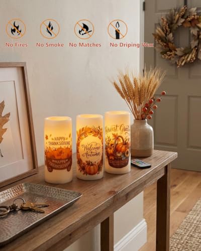 Image of 3PCS Orange Pumpkin Flameless Pillar Candle Battery Operated | Maple Leaf LED Candles with Timer Remote for Fall,Harves, Autumn,Thanksgiving