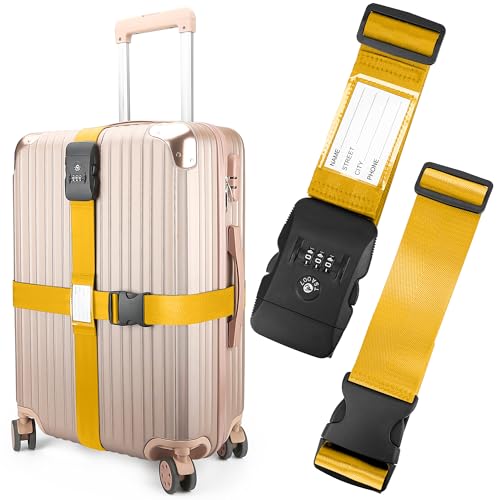 Luggage Straps, Yellow TSA Approved Luggage Strap Belt with Combination Lock for Suitcases, 2 Pack Adjustable Heavy Duty Cross Suitcase Straps with Name Tags for Travel, Carry On Bags, Protect Luggage