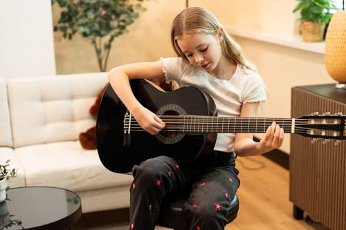 Image of MAX SoloArt Junior 3 /4 Classical Acoustic Guitar Kit for Kids (Ages 6-12 Years) | Sleek Black Basswood Body Includes Gig Bag, Guitar Strap, Extra Strings & Picks | Designed & Engineered in Netherlands