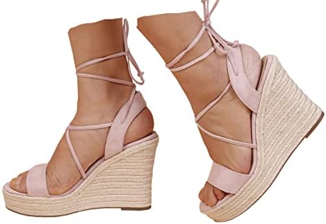 SUMOJIU Women's Lace-Up Wedge Platform Espadrille Open Toe Heel Sandals, Cross Strap Wedge Sandals Summer Espadrilles Ankle Strap Buckle Platform Sandals Pink 7