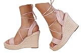 SUMOJIU Women's Lace-Up Wedge Platform Espadrille Open Toe Heel Sandals, Cross Strap Wedge Sandals S