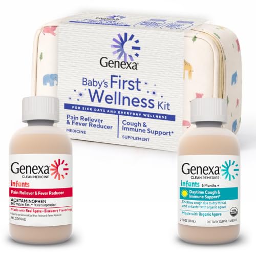 Image of Genexa Baby's First Sick Day Kit, Made Clean, Gift Set for Infant & Toddler | Acetaminophen + Cough Syrup with Agave & Zinc, Dye Free, 0% Artificial Additives, Pain, Fever Reducer + Cough, Immune Support