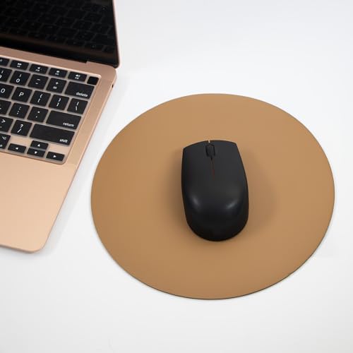 Image of Bellblock Round Mouse Pad | Computer Mouse Mat | Vegan PU Leather | Anti-Slip | Smooth Mouse Control | Spill-Resistant Surface | Black & Tan Brown | Diameter 22 cm (Pack of 1)