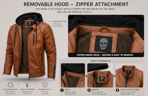 Image of Blaq Ash Men's Faux Leather Biker Jacket with Removable Hood, Quilted Shoulder, Dark Brown