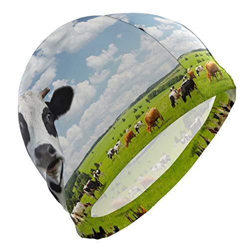 Dallonan Badekappe Lustige Kuh Grün Ländliche Bauernhofwiese Erwachsene Badekappe Polyester Cover