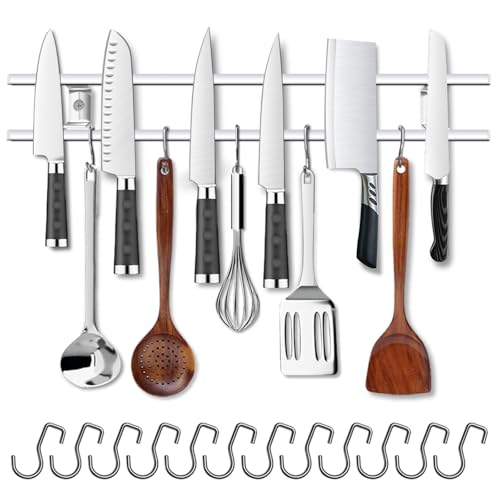 YIIYIIN 24-Inch Magnetic Knife Holder for Wall – 304 Stainless Steel Knife Strip with 12 Hooks – Magnetic Knife & Utensil Rack