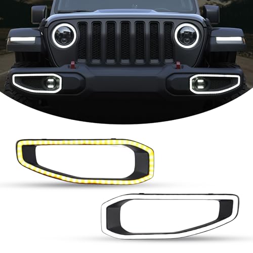 Kiwi Master LED Fog Lights Trim DRL for Jeep Gladiator JT 2018-2025 Jeep Wrangler JL/4xe Accessories Front Bumper Lamps Cover Turn Signal Daytime Running Light, Pair
