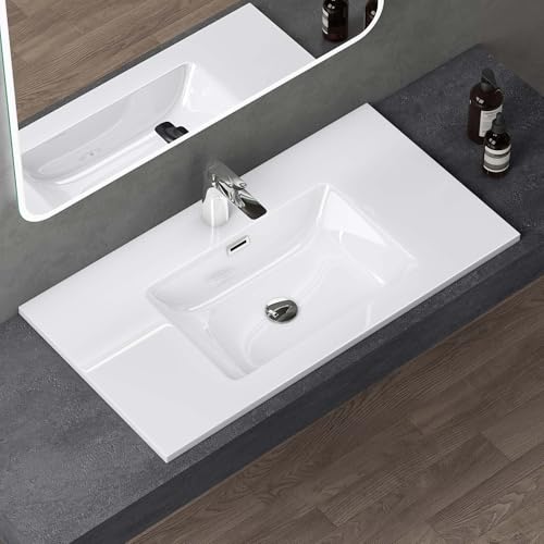 doporro Waschbecken mineralguss Einbauwaschbecken mineralguss 80x48x14 cm weiß Einbauwaschtisch mit Überlauf Waschtisch Handwaschbecken Col02