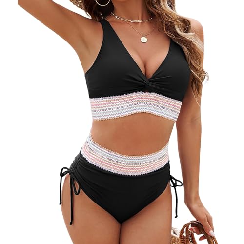 Conjunto de Bikini de Cintura Alta para Mujer, Traje de baño de 2 Piezas con Control de Abdomen, Parte Superior e Inferior (FR/ES, Números, 36, 38, Regular, Regular, Black)