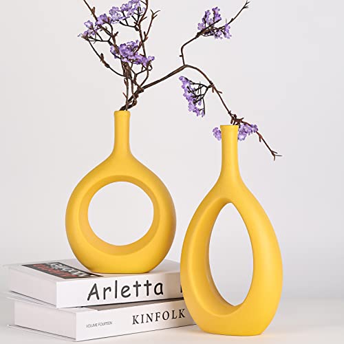 Yellow Ceramic Hollow Elliptical Vase Set Of 2 - Boho Circle Vase With Hole, For Modern Yellow Table Decor, Living Room Decor Shelf Mid Century Modern Home Entrance Decorative Vase #TOP2