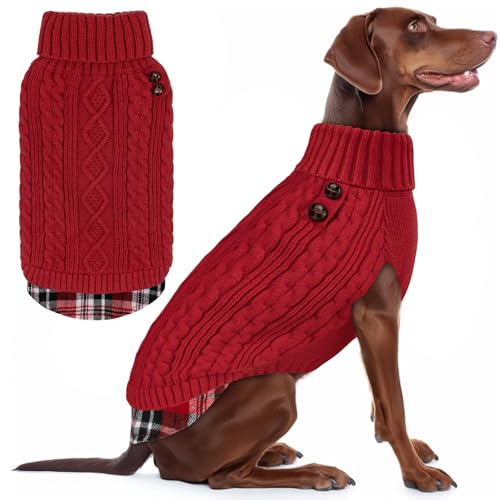 Image of KYEESE Dog Sweater for Large Dogs Turtleneck Thick Knit Pullover | Stretchy Fit, Lightweight & Warm, Cozy Knit Comfort, Classic Plaid Design, Gentle on Sensitive Skin, Winter Daily Wear