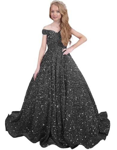 Sparkly Flower Dresses for Girls Sequin Princess Girls Pageant Dress Off Shoulder A Line Ball Gown HRY27