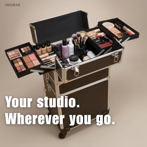 Image of SHAMAX Professional Rolling Makeup Case, Cosmetic Organizer Trolley, Manicure Storage Vanity with Locks for Hairdressers, Salons, Beauty Lovers - 360-Degree Universal Wheels (BS3 /Trolley)