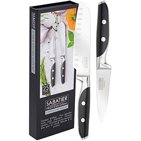Professional Sabatier Kitchen Knife Set - 2 Piece 12cm/5” Santoku & 9cm/3.5” Paring Knives. Sharpe, Full Tang Blade. High Carbon, Taper Ground Stainless Steel. Twin Rivet Handles. Taylors Eye Witness Cover