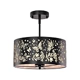 Sunnyin Semi Flush Mount Ceiling Light,White Parchment Metal Rustic Ceiling Light Fixture with Butterfly Design,3-Lights Drum Industrial Black Chandeliers for Dining Room,Kitchen,Bedroom,Cabin,Hallway