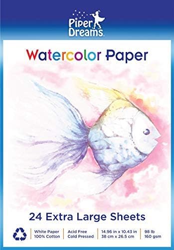 24 Sheets (15" x 10.5") Extra Large Sheets of Watercolor Paper - Heavy Stock (160 GSM), 100% Cotton, Loose White Sheets. Perfect for Kids, Adults and Students of All Ages