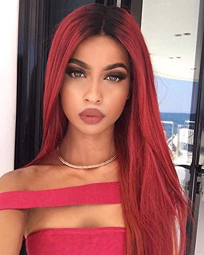 Kaneles Ombre Wine Red Wig Long Burgundy Straight Synthetic Wig for Women Natural Middle Part Hair Cosplay Daily Party Wigs