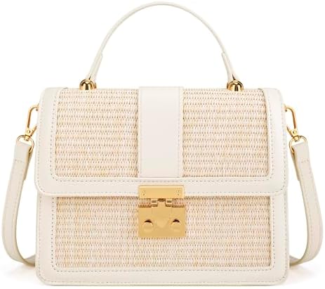 KKXIU Straw Crossbody Bags for Women - Top Handle Clutch Purses for Women, Summer Beach Shoulder Bag, Woven Leather Handbag with Adjustable Shoulder Strap (White)