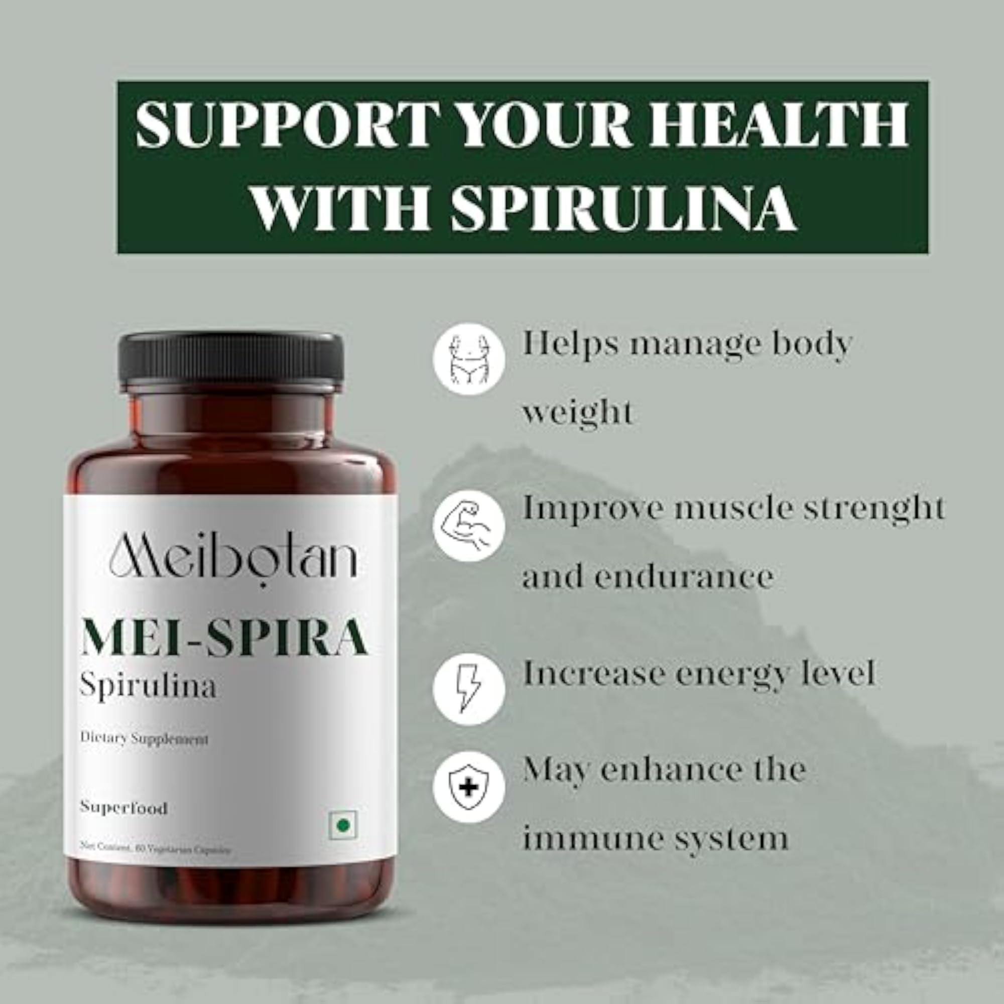 Meibotan Spirulina 2000mg Supplement, 60 Vegetarian Capsules