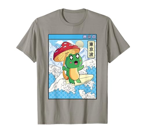 Fröhlicher Frosch mit Pilz Japan Wave Cottagecore Aesthetic T-Shirt
