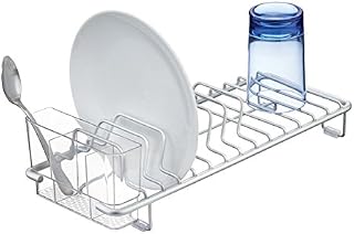 mDesign Rust Proof Dish Drainer Rack - Aluminium Drying Rack for the Kitchen Sink - Draining Rack with Cutlery Tray - Silver/Clear