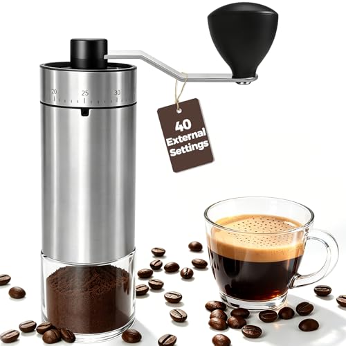 YQE Mini Manual Coffee Grinder with 40 External Grind Settings, Ceramic Conical Burr Hand Coffee Grinder, Portable Coffee Bean Mill for Espresso, Pour Over, French Press, Camping, Travel