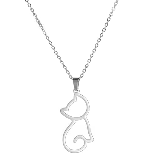Cat Necklace for Women Stainless Steel Geometric Style Cute Chic Hollow Out Cat Animal Pendant Necklaces Jewelry Gifts for Cat Lovers