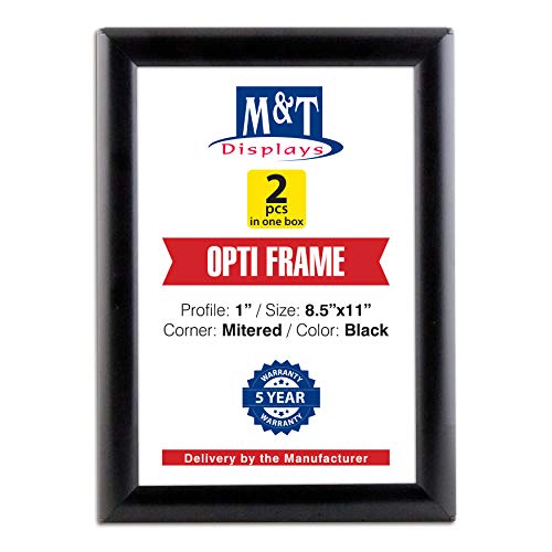 M&T Displays Opti Snap Poster Frame 8.5x11 Inch Black 1 Aluminum Profile Front Loading Wall Mounting Photo Picture Document Certificate Sign Holder Mitered Corner Anti Glare Cover (2 pack)