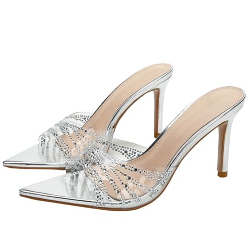Tophacker Women's High Heel Sandals Transparent Strap Slip-on Mules Rhinestone Slippers
